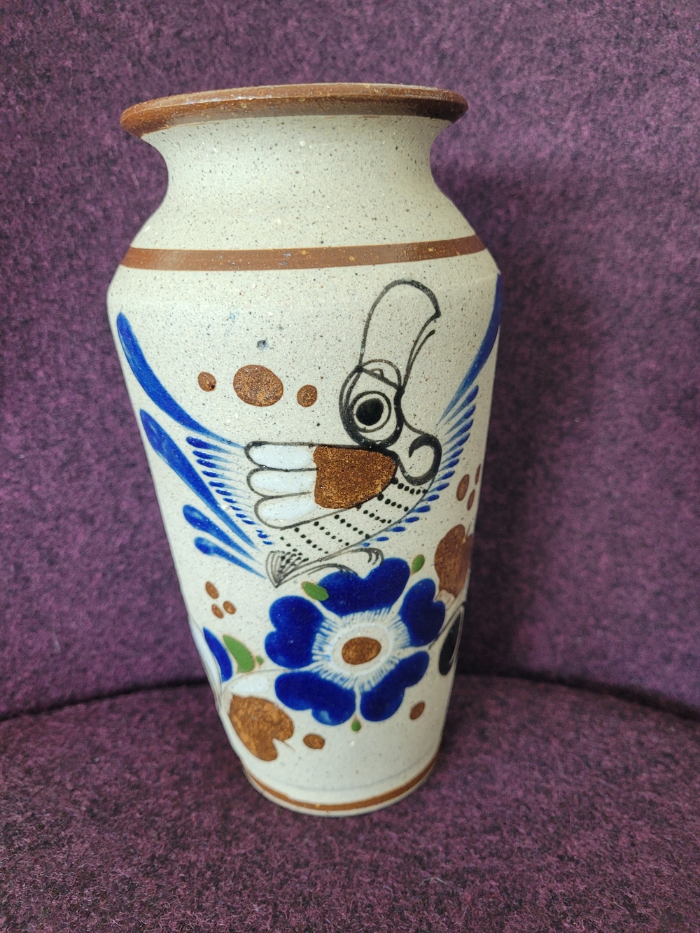 Tonala - J. Campe Hand-Painted Ceramic Vase with Blue Floral and Bird Motif